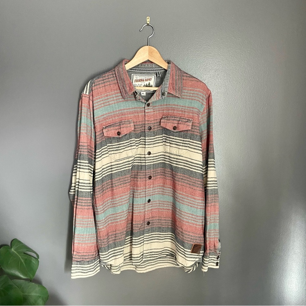 Third & Army Mens Long Sleeve Button Up Striped Flannel in Red Blue Tan Size XL